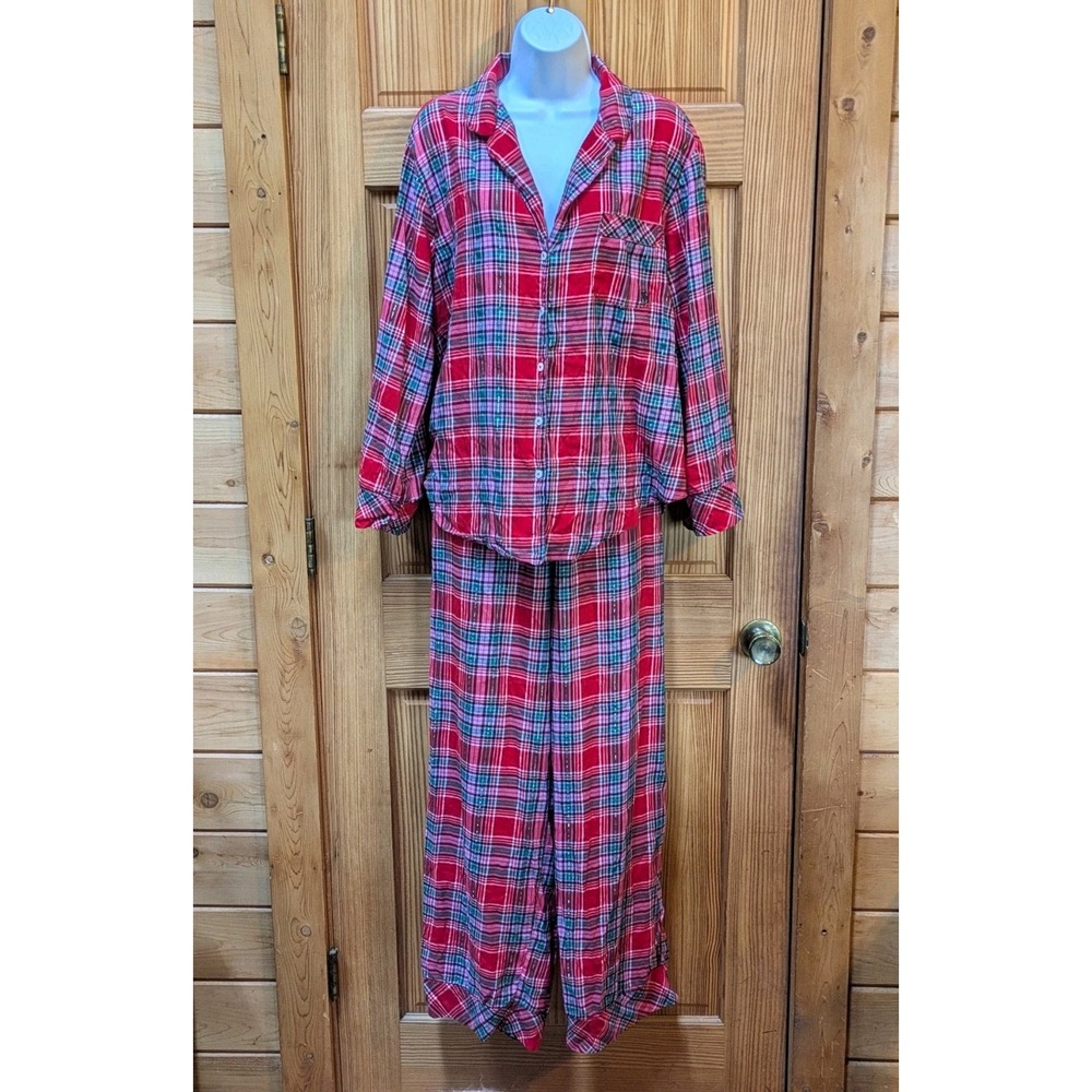 VICTORIA'S SECRET Flannel Long PJ 2-pc Set Women's Large Cotton Blend Red Plaid